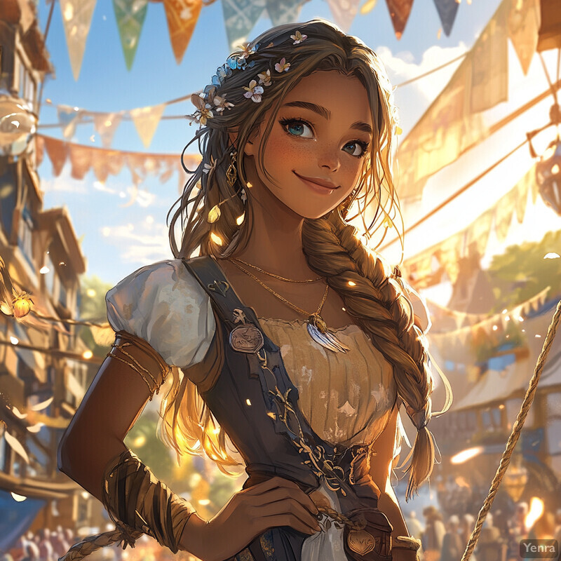 A young woman with golden braids stands in front of a bustling outdoor market or festival, surrounded by colorful flags and banners.