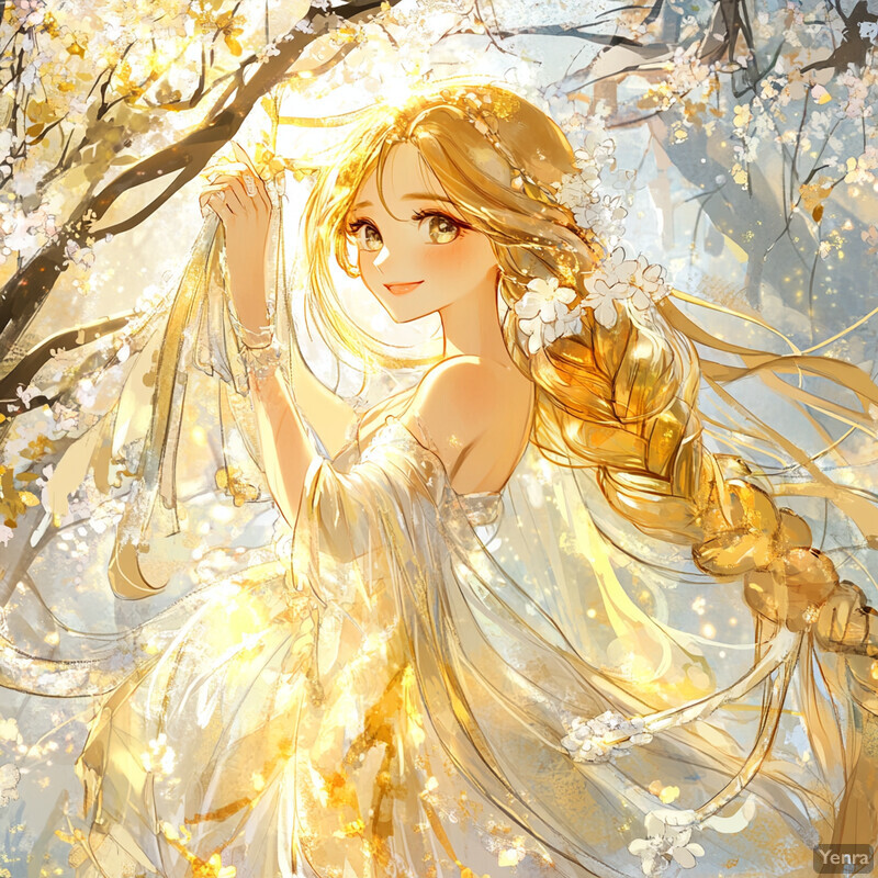 Anime-style illustration of a woman with golden braids and a flowing white dress surrounded by blooming cherry blossoms