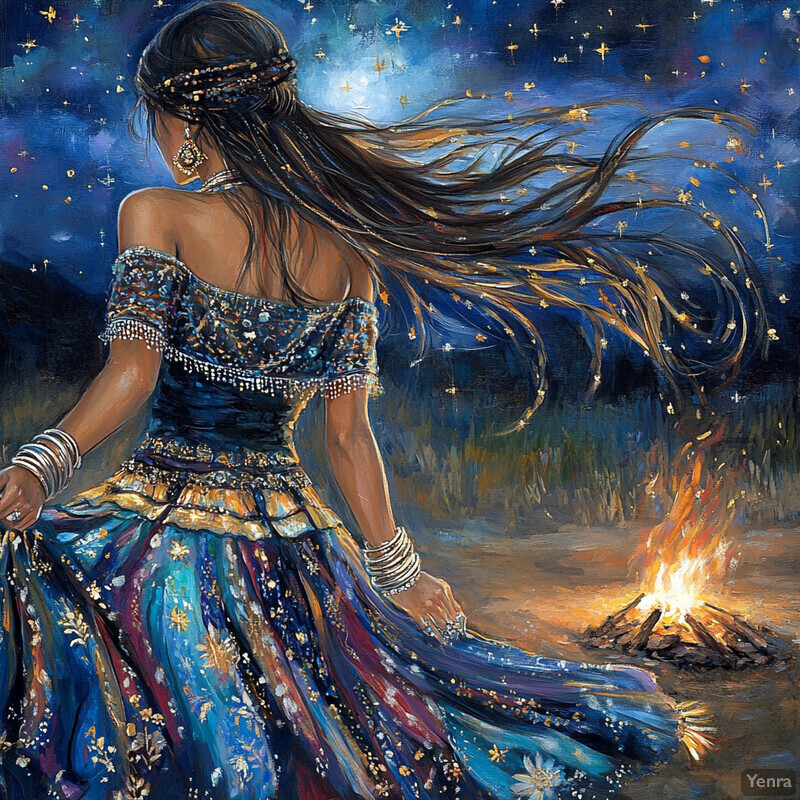 A woman in traditional Gypsy attire stands before a campfire under a starry night sky.