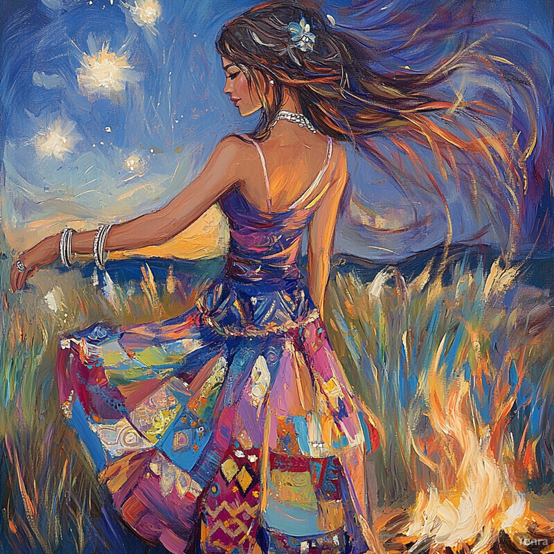 A vibrant painting of a woman in a colorful dress, surrounded by tall grasses and a fire, set against a blue sky with white clouds.