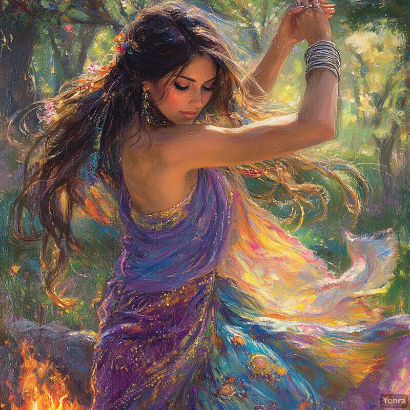 A woman dances amidst swirling flames in a vibrant, colorful scene