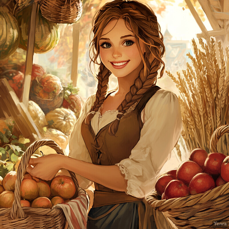 A young woman stands in front of a table of fruits and vegetables, smiling at the camera while holding a basket of apples.