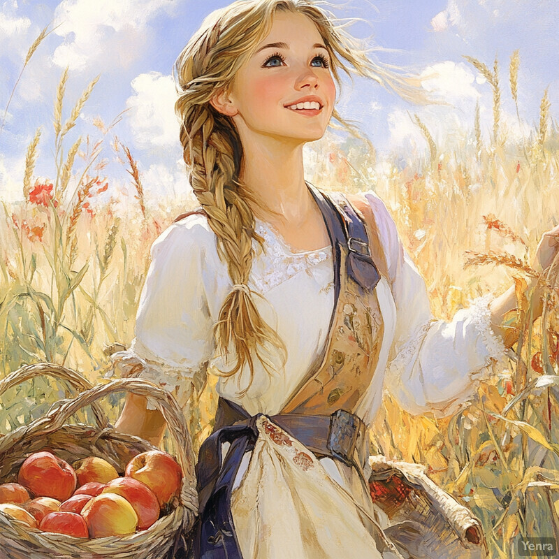 A young woman stands in a field of wheat or barley, smiling and holding a basket of apples.