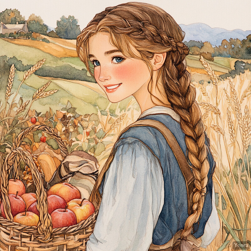 A young woman with long brown hair styled in a braid carries a basket of apples and is surrounded by an abundance of wheat and other grains, exuding warmth and coziness.