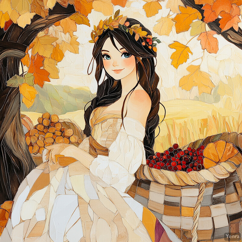 A woman stands in front of an autumnal background, surrounded by leaves and trees.