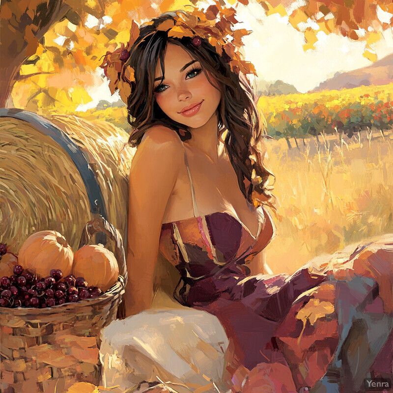 A serene autumnal scene featuring a young woman surrounded by seasonal produce and natural elements