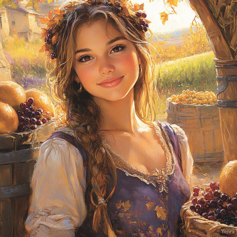 A young woman in a purple dress surrounded by fruit-filled wooden barrels