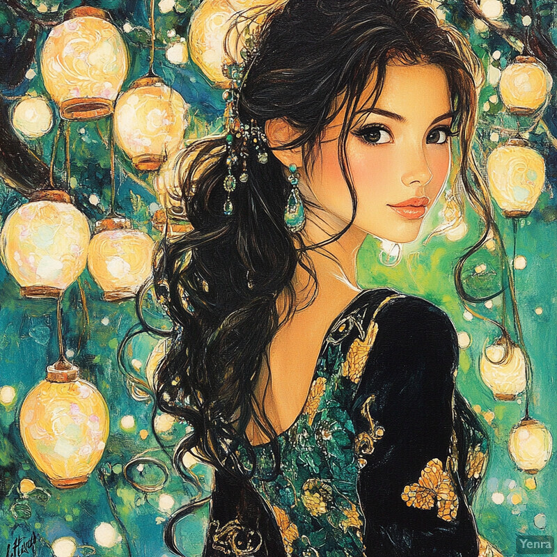 A woman surrounded by lanterns creates an enchanting atmosphere