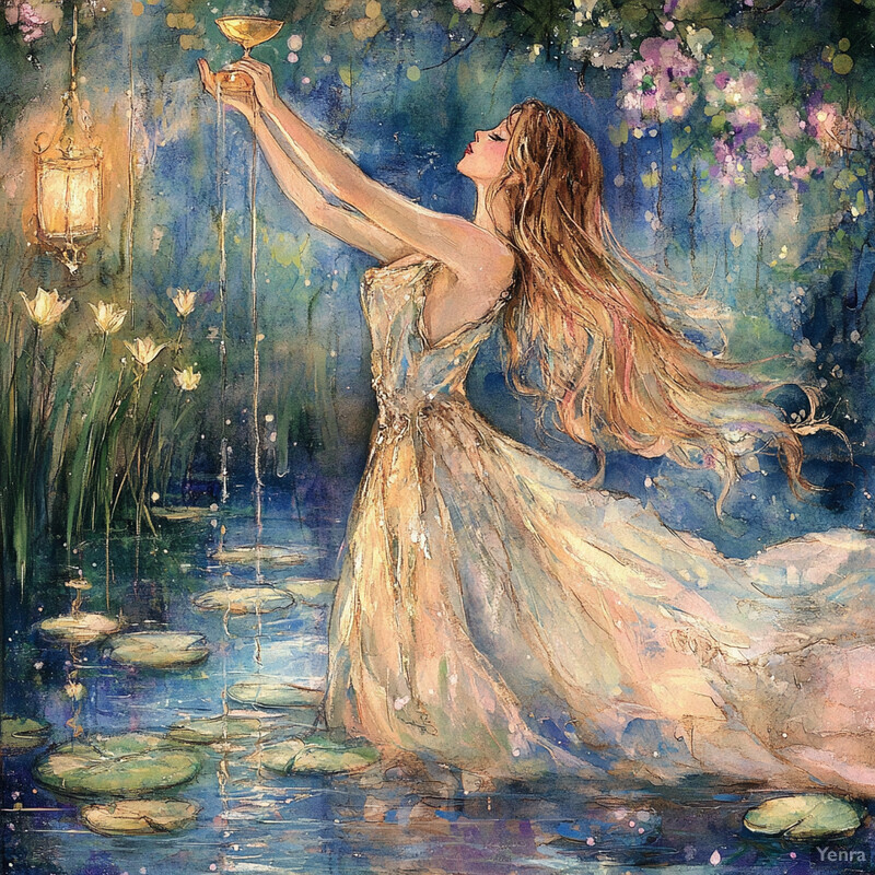 A serene painting of a woman standing in a pond or lake, surrounded by lush greenery and vibrant flowers.