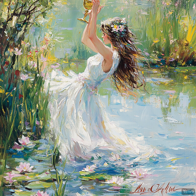 A serene and idyllic scene of a woman in a flowing white dress standing amidst lily pads on a tranquil body of water.