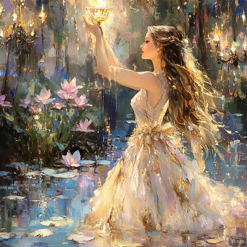 A woman stands in a pond surrounded by lily pads, holding a glowing orb.