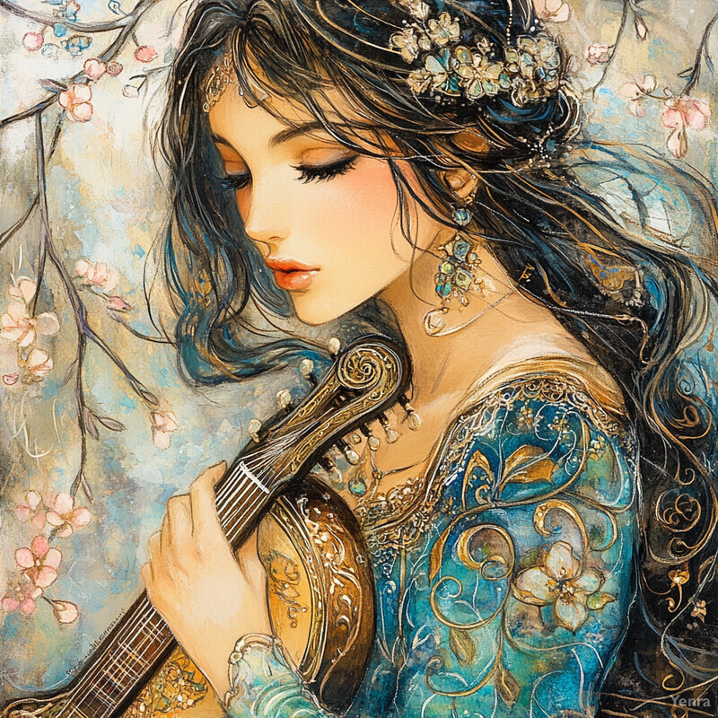 A serene painting of a woman playing the lute amidst a lush forest setting