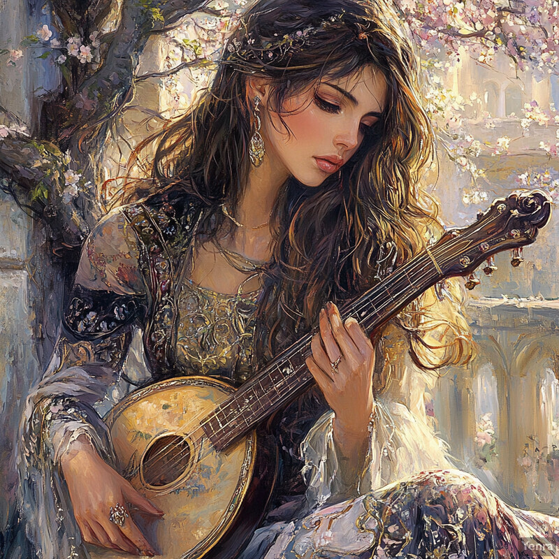 A woman playing a lute in an outdoor setting