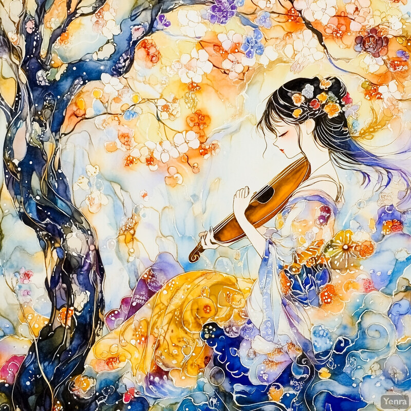 A serene scene of a woman playing a lute in a natural setting, surrounded by lush foliage and ancient trees.