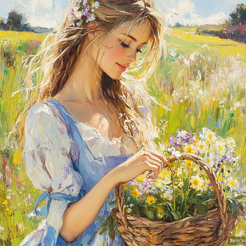 A young woman gathers wildflowers in a serene field