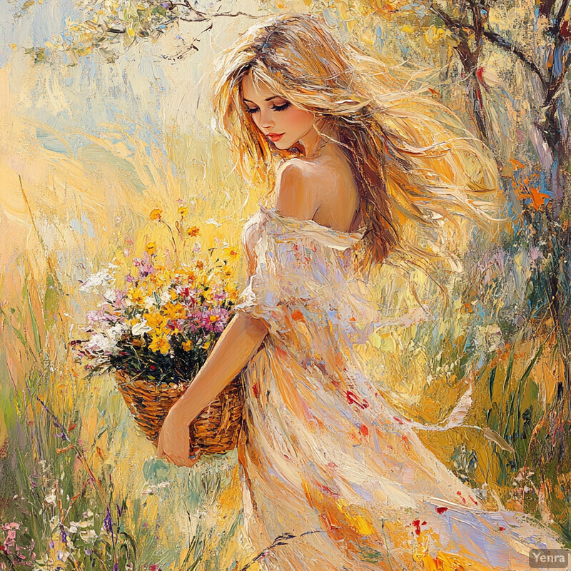 A young woman stands in a field of wildflowers, surrounded by nature's beauty.