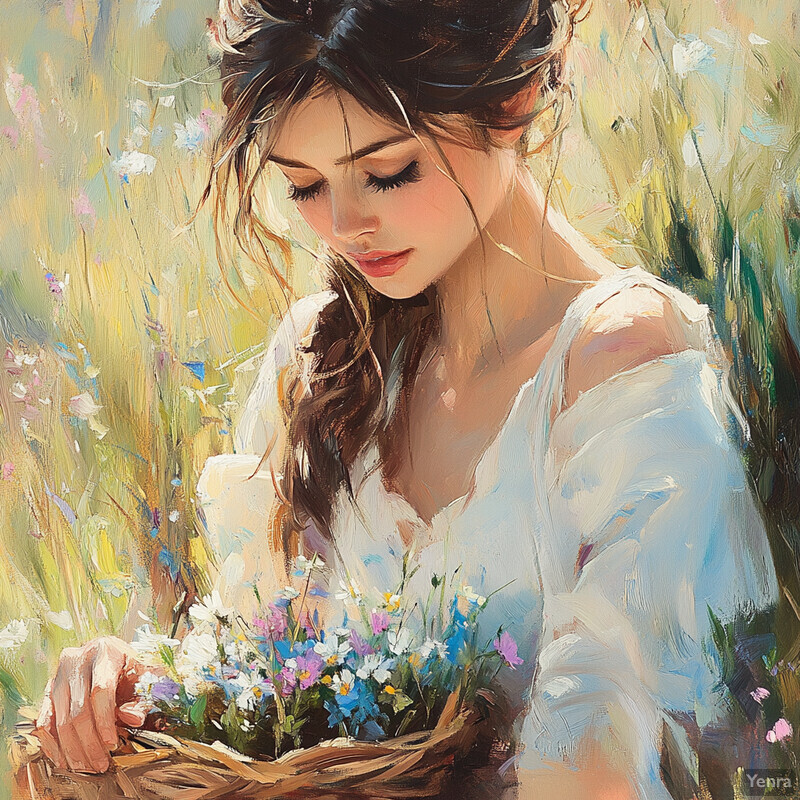 A young woman stands in a field of wildflowers, surrounded by tall grasses and trees, holding a bouquet of flowers.