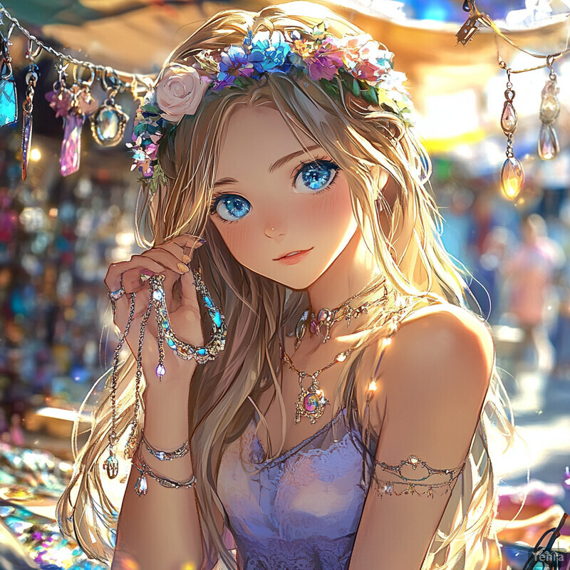 A young woman with long blonde hair and blue eyes, wearing a floral crown and light purple dress, standing in front of a stall or market stand.