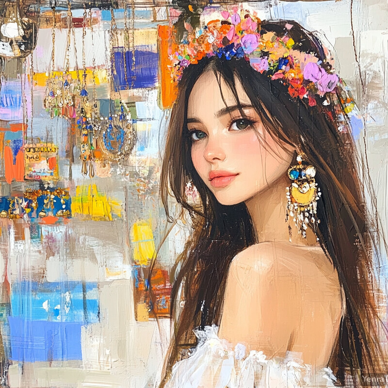 A serene portrait of a young woman with long brown hair and a floral wreath, set against a backdrop of suspended items in muted colors.