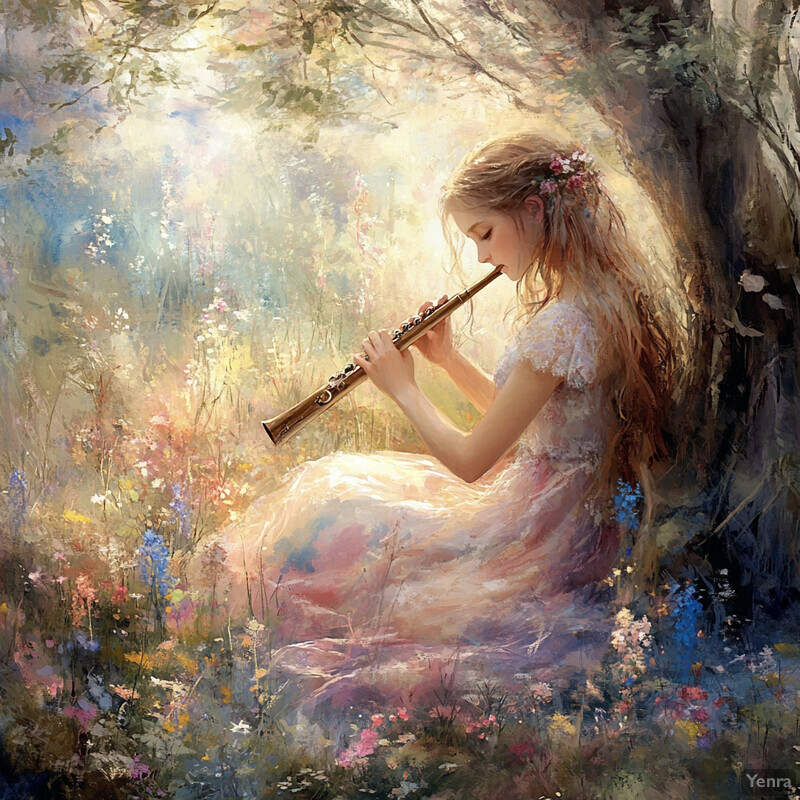 A young girl plays the flute in a meadow filled with wildflowers, surrounded by towering trees under a warm sun.