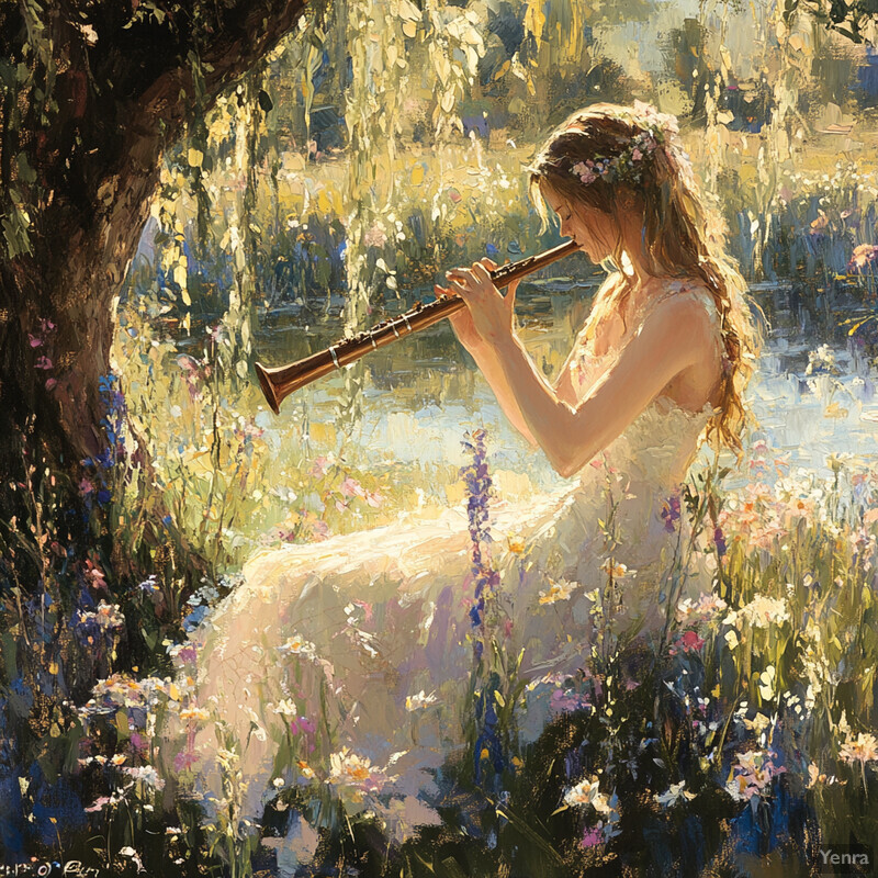 Woman playing flute in a field of wildflowers