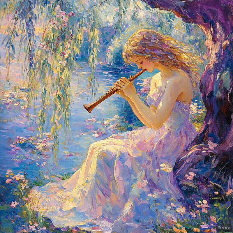 A woman plays the flute in a lush meadow, surrounded by wildflowers and trees.