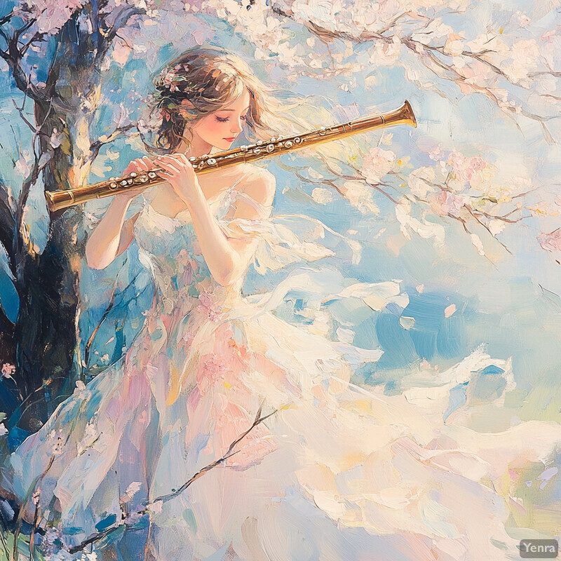 A serene scene of a woman playing the flute in a blooming meadow