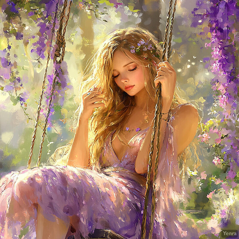 A serene and idyllic scene of a woman sitting on a swing surrounded by lush greenery and vibrant flowers