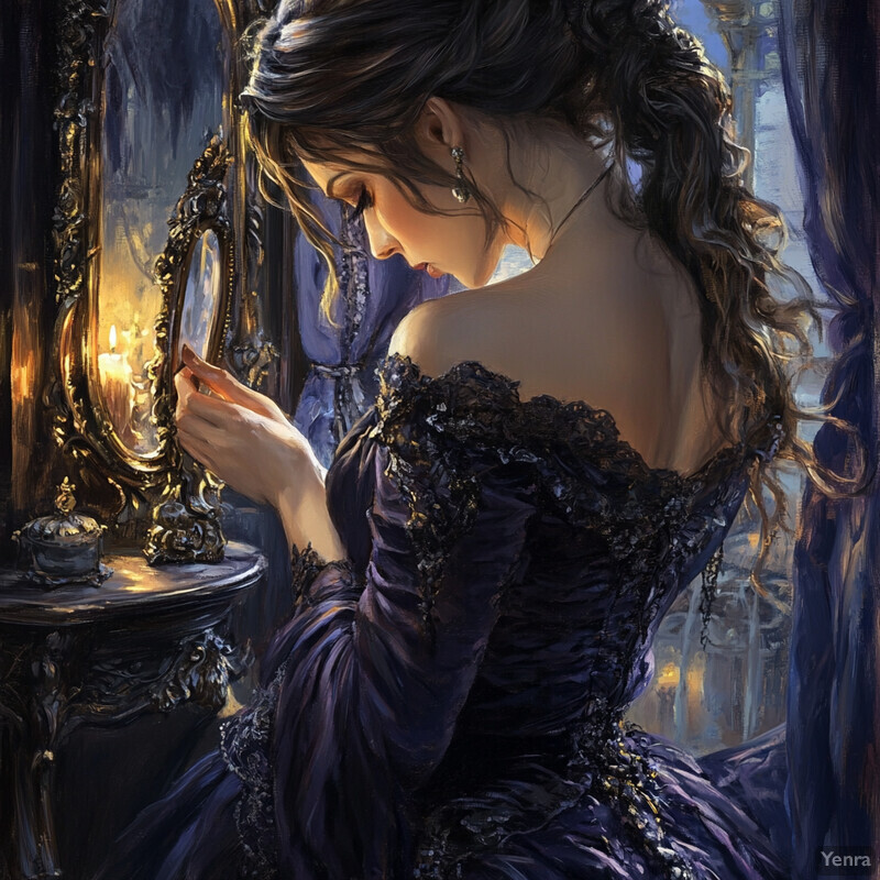 A woman in a dark-colored dress holds a mirror, gazing at her reflection in an ornate room.