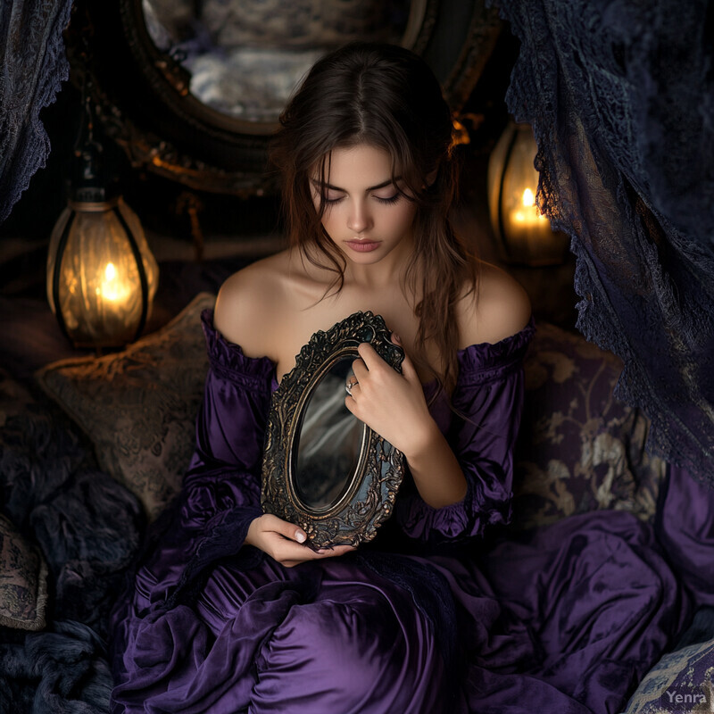 A woman sitting in front of a mirror, surrounded by candles and flowers, lost in thought.