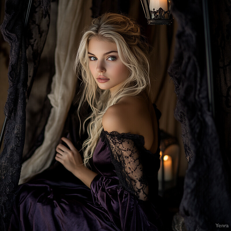 A young woman with long blonde hair and fair skin, dressed in a purple velvet dress with black lace sleeves, looking directly at the viewer.