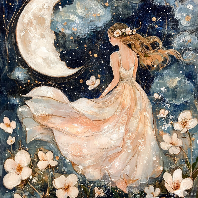 A serene and dreamy scene of a woman dancing under the light of the moon