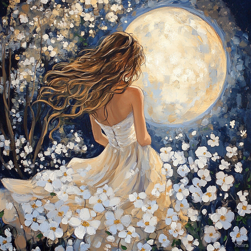 A woman dances under the full moon surrounded by flowers or petals.