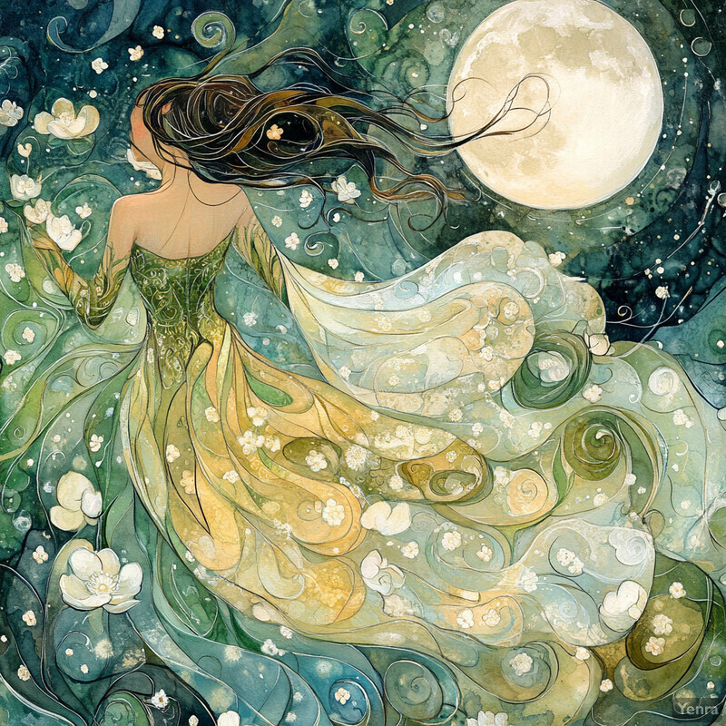 A serene digital artwork depicting a woman in a green dress surrounded by flowers and leaves, set against a backdrop of a full moon.