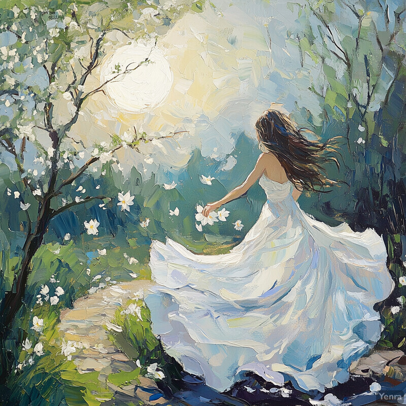 A serene and idyllic scene of a woman dancing under the light of the moon.