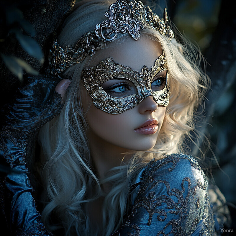 A woman in a blue and gold costume with a silver mask stands against a dark background, exuding elegance and mystery