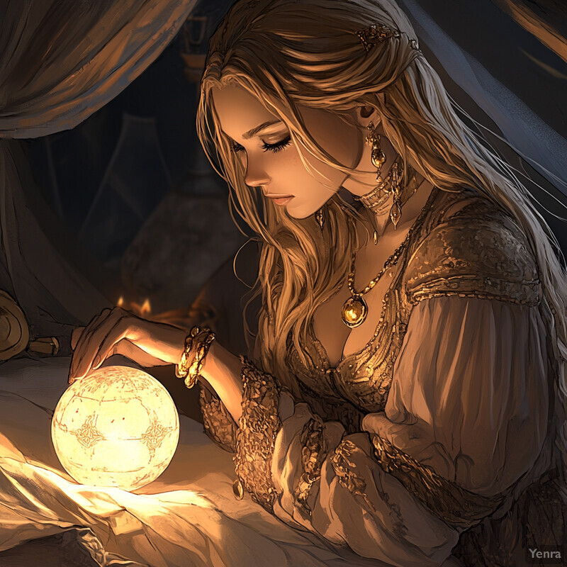 A woman with long blonde hair sits cross-legged on the floor, holding a crystal ball and gazing into it intently.