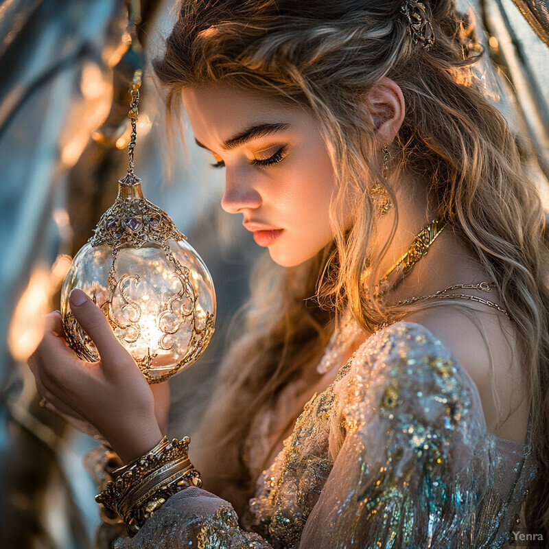 A young woman with long blonde hair and fair skin gazes downward at her clasped hands, dressed in an ornate gold dress against a blurred stone or wood backdrop.