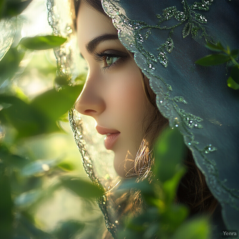 A woman's face partially obscured by a green lace veil, with intricate floral patterns and sequins, gazing towards the left side of the image.