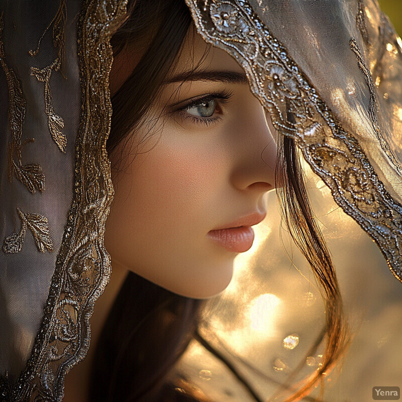 A young woman with long brown hair and blue eyes gazes to her left, exuding a sense of calmness or serenity.