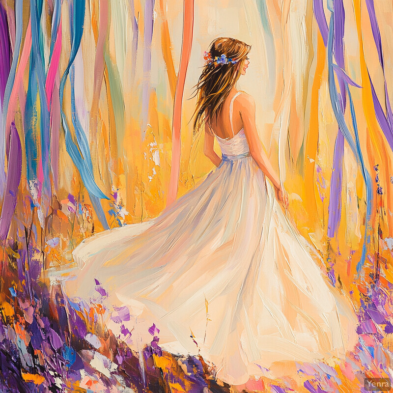 A serene and romantic scene of a woman in a white dress standing amidst colorful ribbons and flowers.