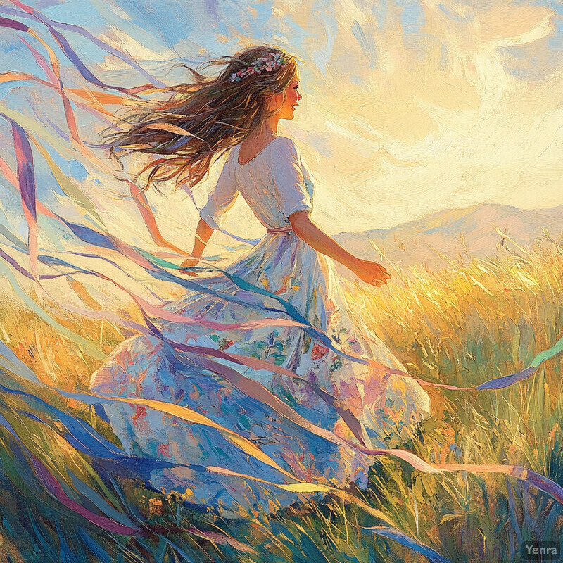 A serene scene of a woman standing in a field surrounded by ribbons blowing in the wind.