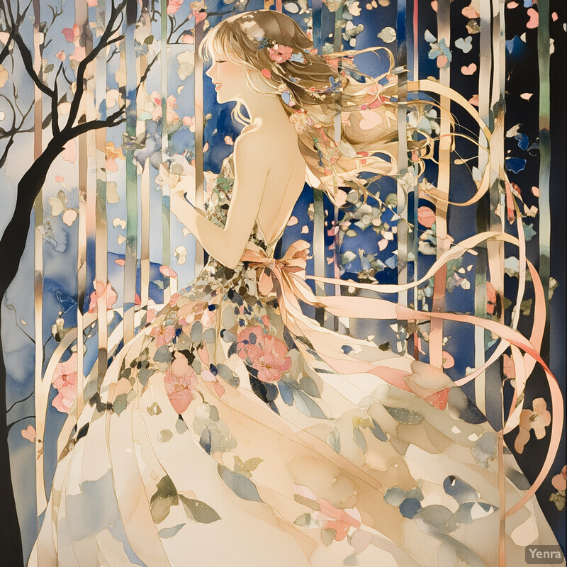 A woman in a floral-patterned dress standing amidst trees and ribbons