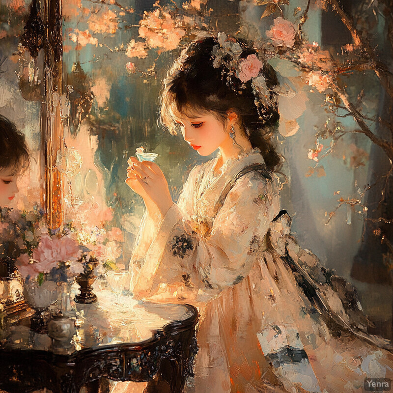 A woman stands in front of a mirror, holding a small cup or glass, surrounded by soft colors and delicate flowers.