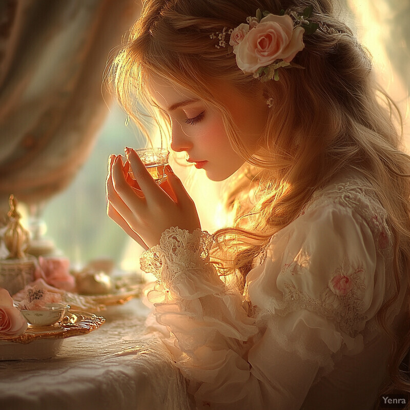 A young girl sipping tea from a delicate glass cup, surrounded by sweet treats and a warm atmosphere.