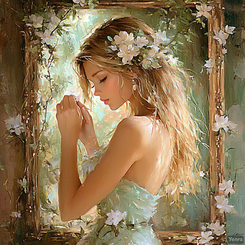 A serene and dreamy scene of a woman with long blonde hair adorned in white flowers standing in front of a mirror.