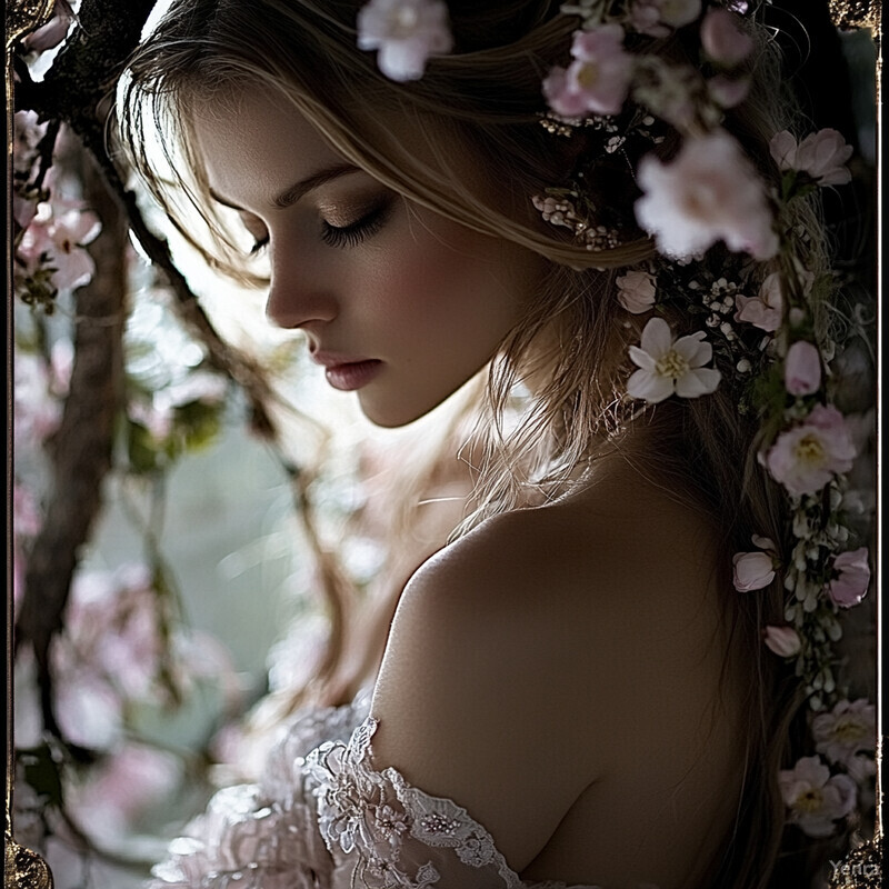 A serene and elegant woman in a white wedding dress, with long blonde hair and a subtle makeup look.