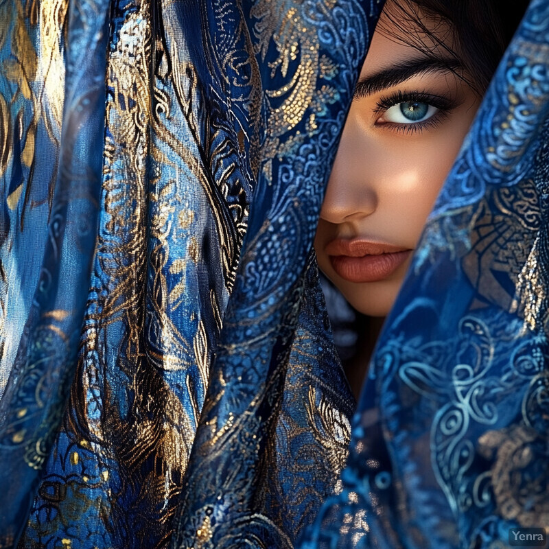 A young woman with blue eyes and dark hair peeks out from behind a blue fabric with gold patterns.