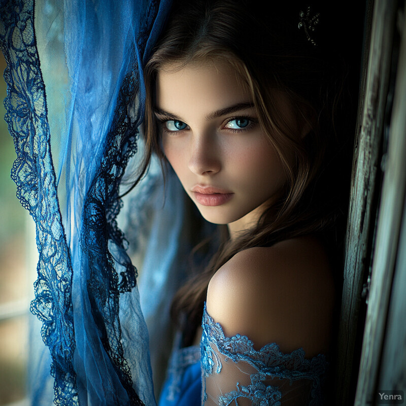 A young girl with blue eyes and long brown hair wearing a white lace-trimmed dress stands in front of a blurred outdoor background.