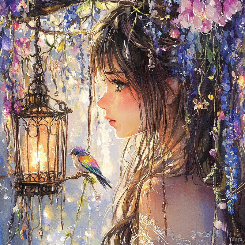 A young woman with long brown hair gazes at a small bird perched on her shoulder amidst a serene natural setting.